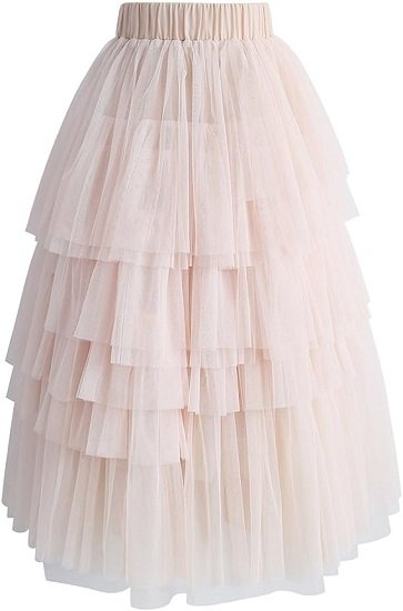 Women's Nude Pink Layered Mesh Tutu A-Line Midi Skirt