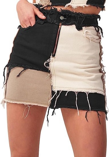 Womens Fashion Mid-Rise Color Blocking Patchwork Ripped Stretch Denim Skirts