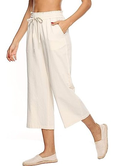 Ladies Linen Pants High Waist Wide Leg Drawstring Loose Trousers