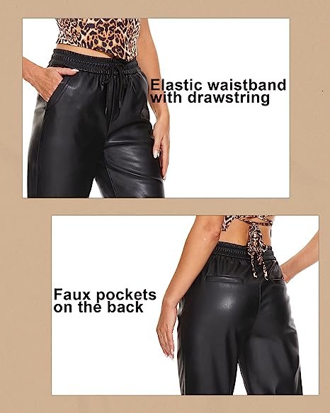Ladies Faux Leather Pants High Waist Leather Straight Leg Pants With Pockets